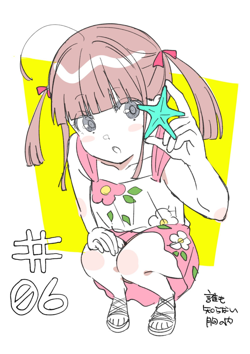 1girl :o animal bare_arms bare_shoulders border bow collarbone commentary_request episode_number episode_title flip-flops floral_print from_above full_body grey_eyes hair_bow hair_up hand_on_own_knee highres holding holding_animal kaaaaaappe koizumi_uta light_brown_hair looking_at_animal outside_border partially_colored pink_bow sandals selection_project sketch solo squatting starfish swimsuit swimsuit_skirt translation_request twintails white_border yellow_background