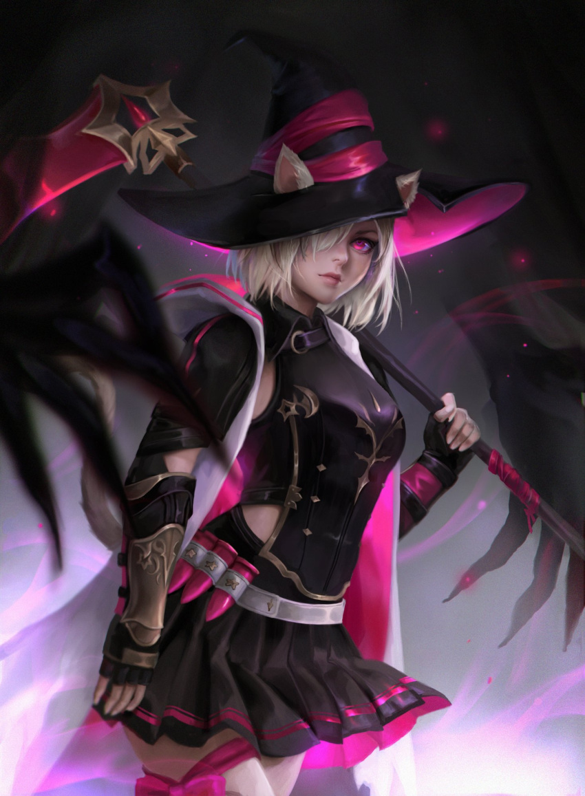1girl animal_ears avatar_(ffxiv) blonde_hair cat_ears cat_tail commentary_request cowboy_shot ears_through_headwear final_fantasy final_fantasy_xiv fingerless_gloves gloves hair_over_one_eye hat highres lianeige lips miqo'te over_shoulder pink_eyes pleated_skirt reaper_(final_fantasy) scythe short_hair skirt solo tail thighhighs voidsent weapon weapon_over_shoulder witch_hat wrist_guards