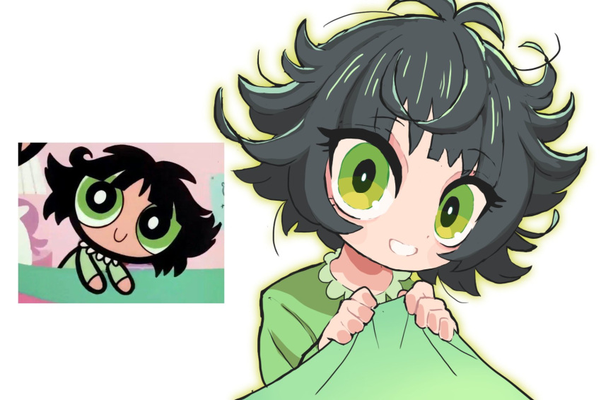 1girl antenna_hair big_eyes black_hair blanket buttercup_(ppg) buttercup_redraw_challenge closed_mouth derivative_work eyebrows_visible_through_hair eyelashes eyes_visible_through_hair gashi-gashi glowing green_eyes green_theme highres holding holding_blanket long_eyelashes looking_at_viewer messy_hair open_mouth outer_glow outline powerpuff_girls reference_inset screencap_redraw short_hair simple_background smile white_background