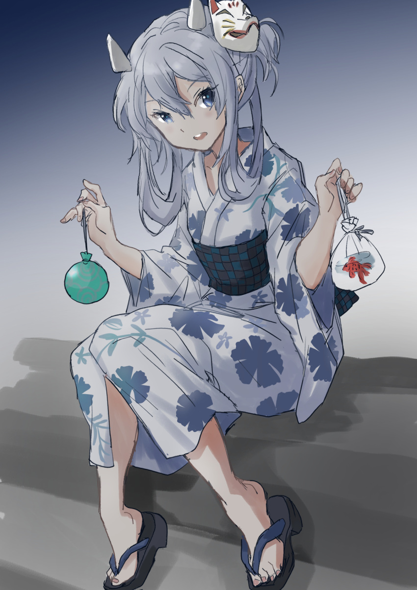 1girl bag bagged_fish balloon commentary_request fake_horns fish floral_print fuji_(pixiv24804665) full_body goldfish hair_rings headgear highres holding holding_balloon horned_headwear horns i-203_(kancolle) japanese_clothes kantai_collection kimono light_blue_eyes light_blue_hair long_hair looking_at_viewer open_mouth round_teeth sandals sidelocks sitting smile solo teeth tied_hair upper_teeth water_balloon water_yoyo white_kimono yukata