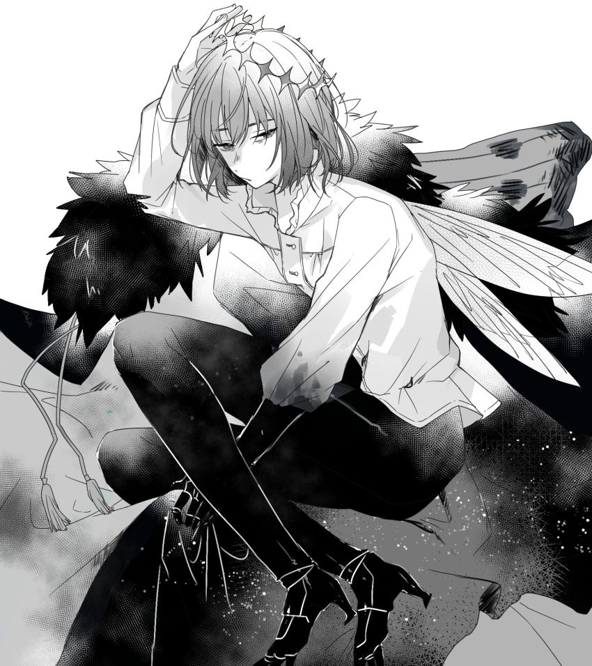 1boy arthropod_boy bangs cape collared_shirt crown empty_eyes fate/grand_order fate_(series) full_body fur-trimmed_cape fur_trim greyscale high_heels highres insect_wings looking_at_viewer male_focus monochrome oberon_(fate) shirt short_hair sitting solo syerii wings