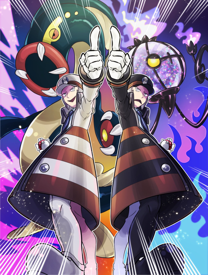 2boys black_coat black_headwear brothers brown_coat buttons chandelure coat commentary_request eelektross emmet_(pokemon) emphasis_lines fire frown gloves grey_hair hat highres holding holding_poke_ball ingo_(pokemon) long_sleeves male_focus multiple_boys necktie open_mouth pants pkpokopoko3 pointing poke_ball poke_ball_(basic) pokemon pokemon_(creature) pokemon_(game) pokemon_bw purple_fire shirt shoes short_hair siblings sideburns smile striped_coat white_coat white_gloves white_headwear white_pants white_shirt