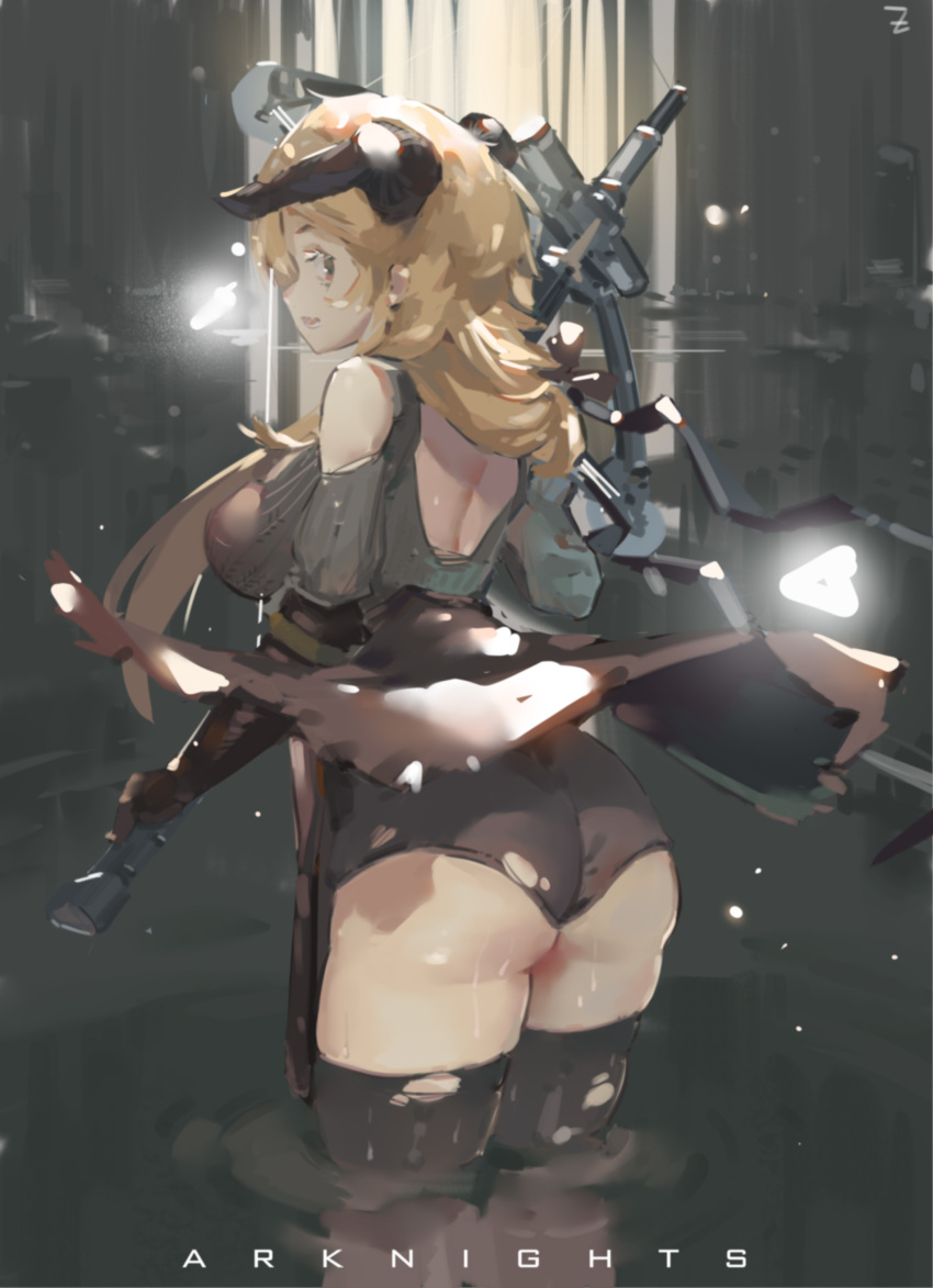1girl absurdres arknights ass black_gloves black_legwear black_shorts blonde_hair chinese_commentary commentary_request copyright_name demon_horns elbow_gloves from_behind gloves grey_background grey_sweater gun highres holding holding_gun holding_weapon horns light_particles long_hair looking_at_viewer looking_back meteorite_(arknights) parted_lips shorts solo sweater thighhighs thighs torn_clothes torn_legwear weapon zygocactus