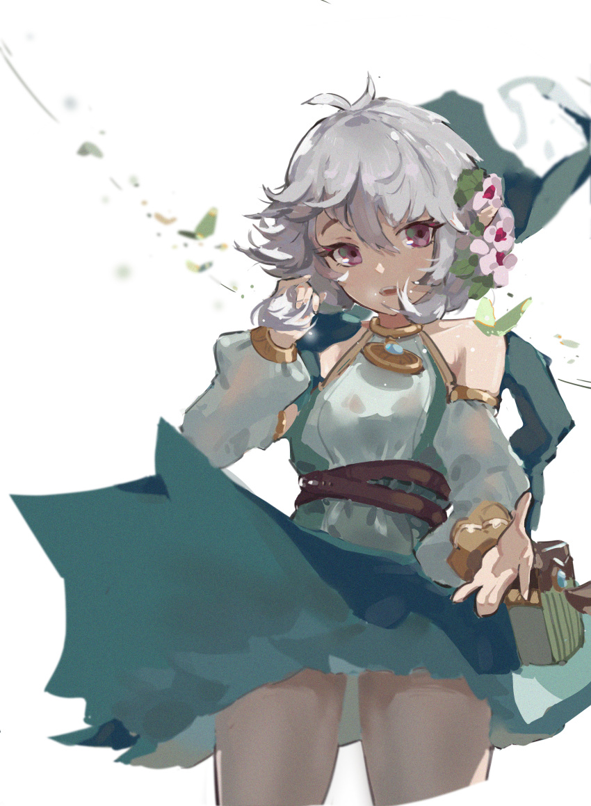 1girl absurdres bare_shoulders belt chinese_commentary commentary_request cowboy_shot detached_sleeves dress elf flower green_dress green_sleeves grey_hair hair_flower hair_ornament highres kokkoro_(princess_connect!) long_sleeves looking_at_viewer parted_lips pink_flower pointy_ears princess_connect! purple_eyes short_hair simple_background sleeveless sleeveless_dress solo white_background zygocactus