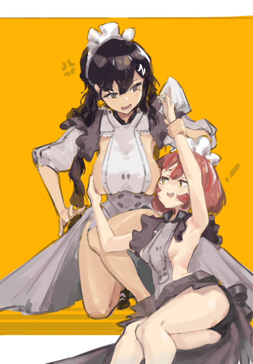 ! 2girls absurdres anger_vein apron armpits bare_arms bare_legs black_hair breast_grab breasts brown_eyes chinese_commentary commentary_request grabbing grey_apron grey_skirt hair_ornament hairclip highres holding_another's_arm kneeling large_breasts long_hair maid maid_apron maid_headdress mole mole_under_eye multiple_girls naked_apron open_mouth orange_background original pink_hair revealing_clothes short_hair sideboob simple_background skirt small_breasts zygocactus