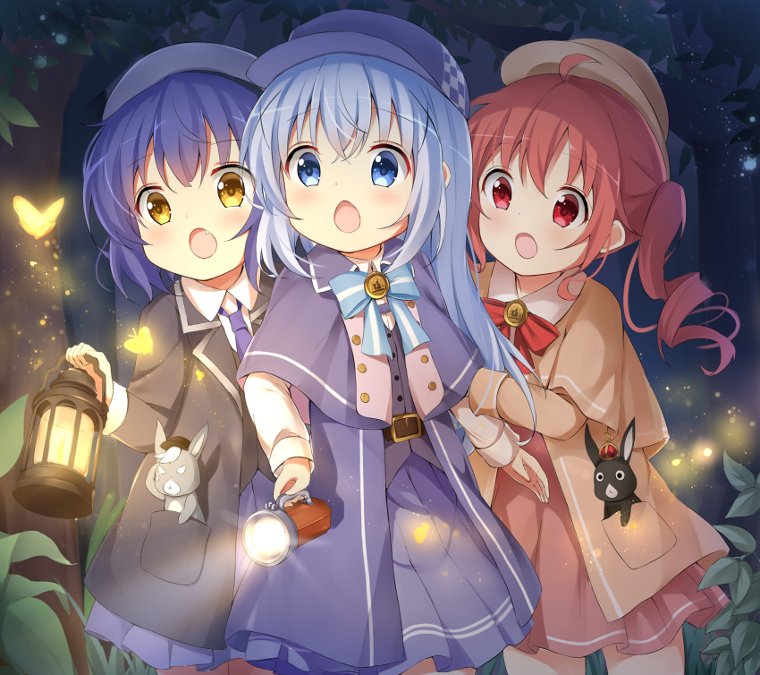 3girls :o absurdres animal anko_(gochiusa) bangs baseball_cap black_jacket black_vest blue_bow blue_capelet blue_eyes blue_hair blue_headwear blue_skirt bow brown_hair brown_headwear brown_jacket brown_skirt bug bunny butterfly capelet chimame-tai collared_shirt crown eyebrows_visible_through_hair fang flashlight gochuumon_wa_usagi_desu_ka? hair_between_eyes hair_ornament hat highres holding holding_lantern jacket jouga_maya kafuu_chino lantern long_hair long_sleeves md5_mismatch mini_crown multiple_girls natsu_megumi necktie night open_clothes open_jacket open_mouth outdoors pleated_skirt purple_necktie red_bow red_eyes shirt skirt stick_jitb tree twintails very_long_hair vest white_shirt wild_geese x_hair_ornament yellow_butterfly yellow_eyes