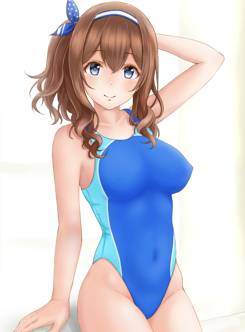 1girl absurdres blue_eyes blue_hairband blue_one-piece_swimsuit breasts ca_paria collarbone commentary_request competition_swimsuit cowboy_shot curly_hair hairband highleg highleg_swimsuit highres idolmaster idolmaster_cinderella_girls invisible_chair long_hair looking_at_viewer md5_mismatch medium_breasts one-piece_swimsuit resolution_mismatch sagisawa_fumika short_hair simple_background sitting solo source_smaller swimsuit white_background