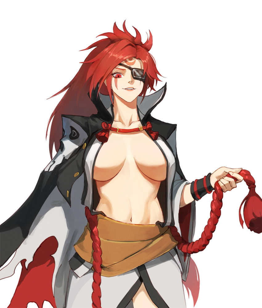 1girl baiken black_coat bracer breasts coat coat_on_shoulders collarbone commentary cowboy_shot eyepatch facepaint facial_mark forehead_mark grey_skirt guilty_gear guilty_gear_xrd highres holding holding_rope jason_kim large_breasts long_hair looking_at_viewer navel one_eye_covered parted_lips ponytail red_eyes red_hair rope simple_background skirt solo stomach white_background