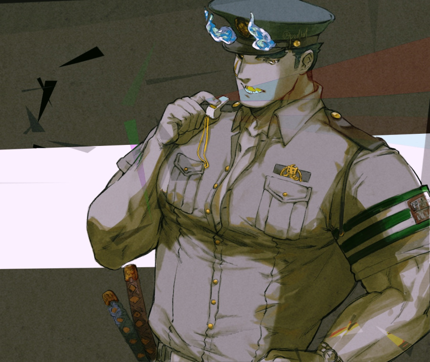 1boy alternate_pectoral_size bara blue_fire brown_theme fiery_hair fire hat katana large_pectorals male_focus muscular muscular_male official_alternate_costume pectoral_cleavage pectorals pmlial police police_hat police_uniform policeman short_hair sideburns solo sword toji_(housamo) tokyo_afterschool_summoners uniform upper_body weapon whistle