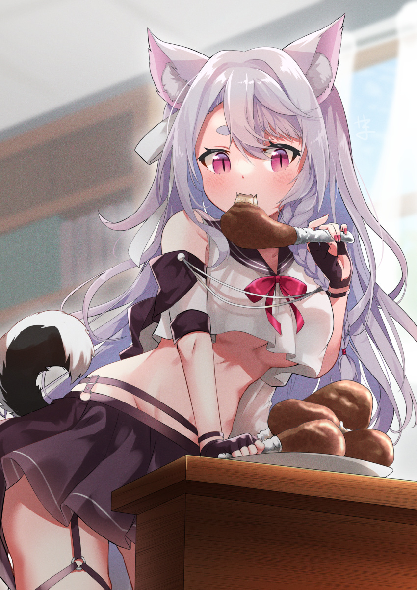 1girl animal_ear_fluff animal_ears azur_lane bangs bare_shoulders black_gloves black_sailor_collar black_skirt bookshelf braid breasts chicken_(food) collarbone commentary_request cowboy_shot crop_top crop_top_overhang curtains eating eyebrows_visible_through_hair fangs fingerless_gloves food garter_belt gloves groin hair_between_eyes highres holding holding_food indoors long_hair looking_at_viewer medium_breasts miniskirt nail_polish o-ring partial_commentary plate pleated_skirt red_eyes red_nails red_ribbon retrofit_(azur_lane) ribbon sailor_collar shirt short_eyebrows side_braid sidelocks silver_hair skin_fangs skirt sleeveless sleeveless_shirt slit_pupils solo standing stomach swepot tail thick_eyebrows underboob very_long_hair white_shirt window wolf_ears wolf_tail yuudachi_(azur_lane)