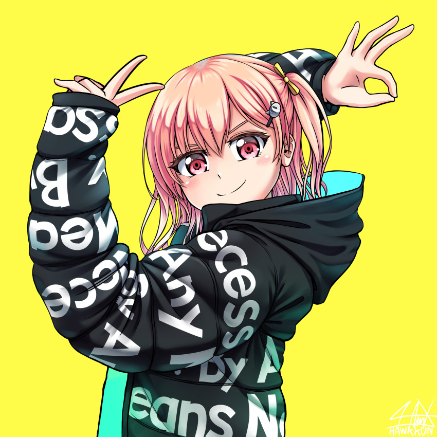 1girl absurdres bang_dream! bangs black_jacket bow cat_hair_ornament commission down_jacket drip_(meme) english_commentary from_side goodbye_sengen_(vocaloid) hair_behind_ear hair_bow hair_ornament highres hiromachi_nanami hood hooded_jacket jacket meme ok_sign pink_eyes pink_hair senpaihawkkun side_ponytail signature smile solo supreme yellow_background yellow_bow