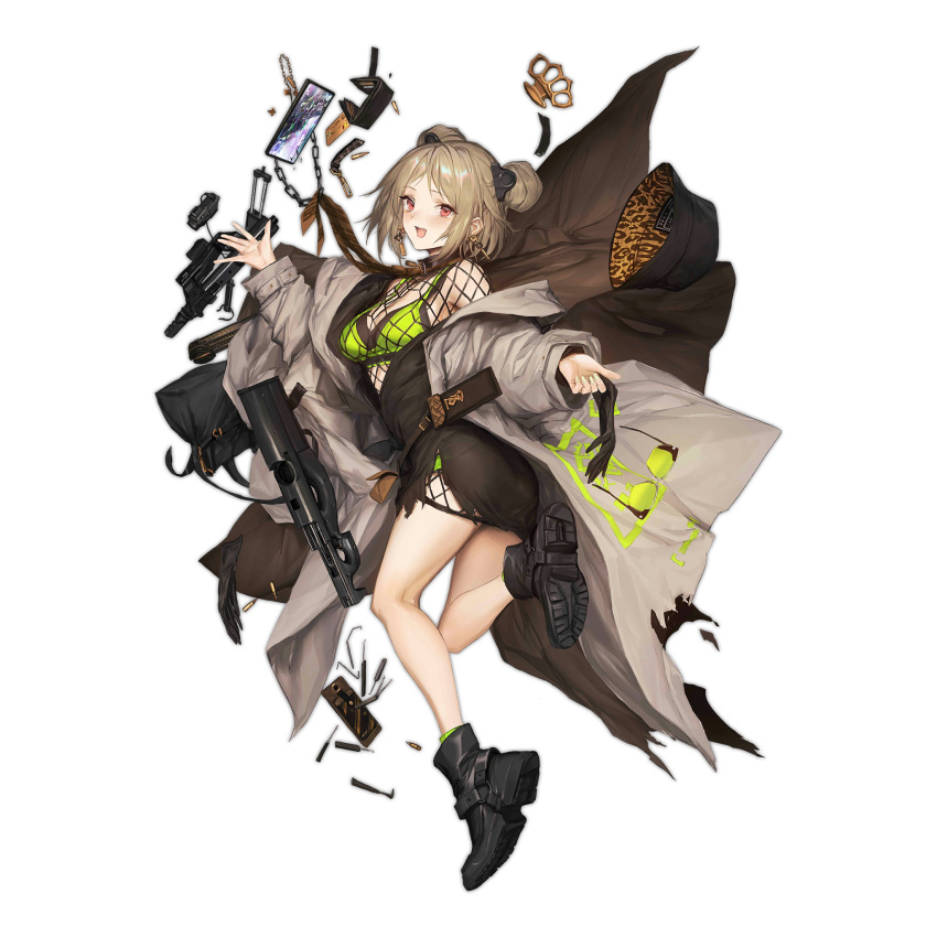 1girl bangs black_footwear black_shirt blush bra bra_strap brass_knuckles breasts brown_necktie bullpup cellphone coat coat_on_shoulders double_bun earrings eyebrows_visible_through_hair eyewear_removed fishnets girls'_frontline green_bra green_nails green_panties grey_coat grid gun highres jewelry light_brown_hair lm7_(op-center) looking_at_viewer medium_breasts medium_hair nail_polish necktie official_art open_mouth p90 p90_(girls'_frontline) panties phone red_eyes shirt smartphone smile solo standing standing_on_one_leg submachine_gun torn_clothes transparent_background underwear weapon
