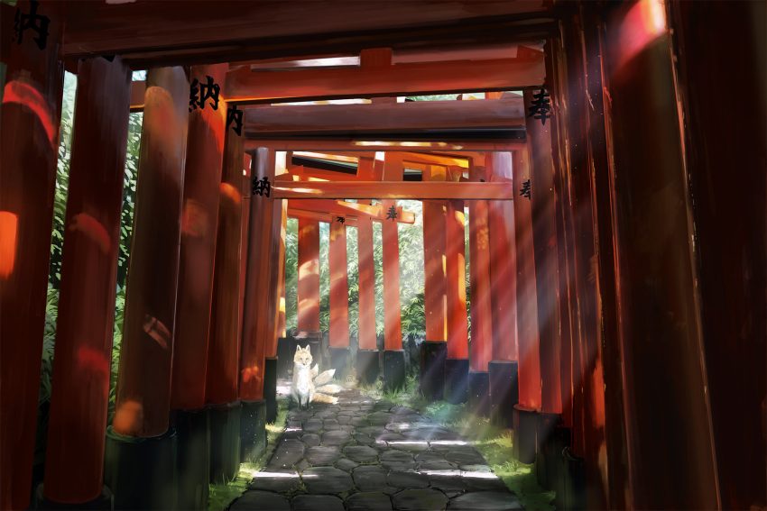 animal commentary_request day fantasy fox fushimi_inari_taisha gate grass hankachi_(okayama012) highres kanji multiple_torii no_humans original path plant scenery shade shrine sunlight torii tree