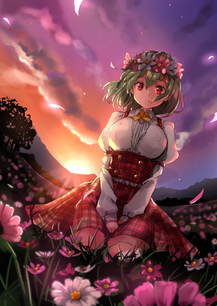 1girl absurdres bangs breasts buttons closed_mouth cloud cloudy_sky collar collared_shirt eyebrows_visible_through_hair flower gradient gradient_sky grass green_hair hair_between_eyes highres kazami_yuuka large_breasts leaf long_sleeves looking_at_viewer looking_down mountain multicolored_sky orange_sky petals pink_flower plaid plaid_skirt puffy_sleeves purple_sky red_eyes red_skirt seiza shadow shironeko_yuuki shirt short_hair sitting skirt sky solo sun sunlight sunset touhou tree white_flower white_shirt