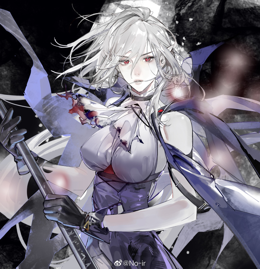 1girl abstract_background arknights ascot bare_shoulders black_dress black_gloves black_headwear blood blood_on_clothes breasts chinese_commentary colored_skin commentary_request dress earrings eyebrows_visible_through_hair floating_hair gladiia_(arknights) gloves hair_in_mouth highres holding holding_polearm holding_weapon jewelry looking_at_viewer medium_breasts no-ir pointy_ears polearm red_eyes silver_hair single_earring upper_body weapon weibo_username white_ascot white_skin