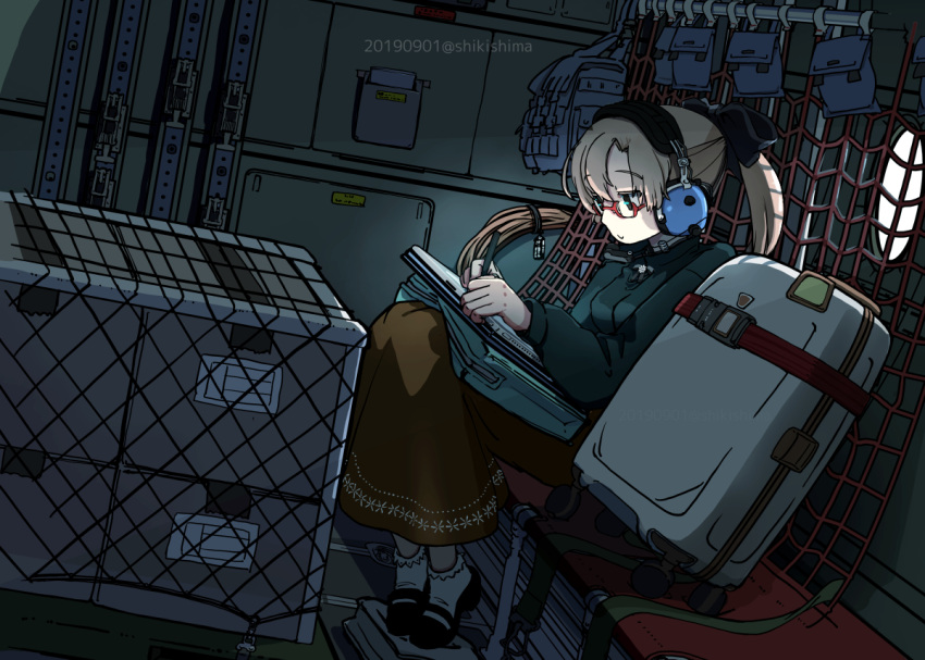 1girl airplane_interior akigumo_(kancolle) bangs black_footwear black_ribbon book box brown_hair commentary_request dated dutch_angle ear_protection goggles green_eyes green_sweater indoors kantai_collection long_hair long_skirt luggage mary_janes orange_skirt pen ponytail ribbon seatbelt shikishima_fugen shoes skirt socks solo strap sweater twitter_username white_legwear