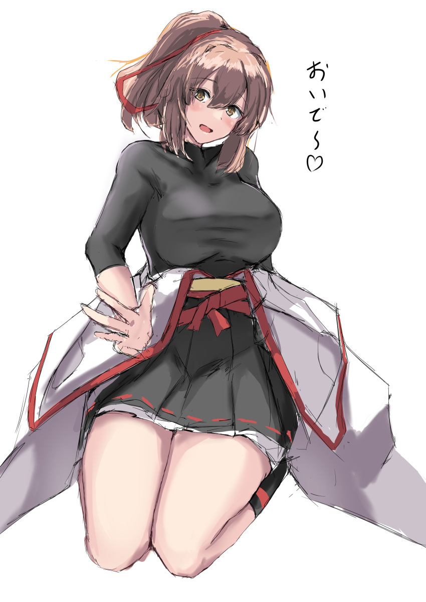1girl absurdres black_hakama black_shirt brown_eyes brown_hair commentary_request commission hair_ribbon hakama hakama_short_skirt hakama_skirt highres ise_(kancolle) japanese_clothes kantai_collection kneeling kurage_ituki lap_pillow_invitation looking_at_viewer ponytail remodel_(kantai_collection) ribbon seiza shirt short_hair simple_background sitting skirt smile solo undershirt white_background