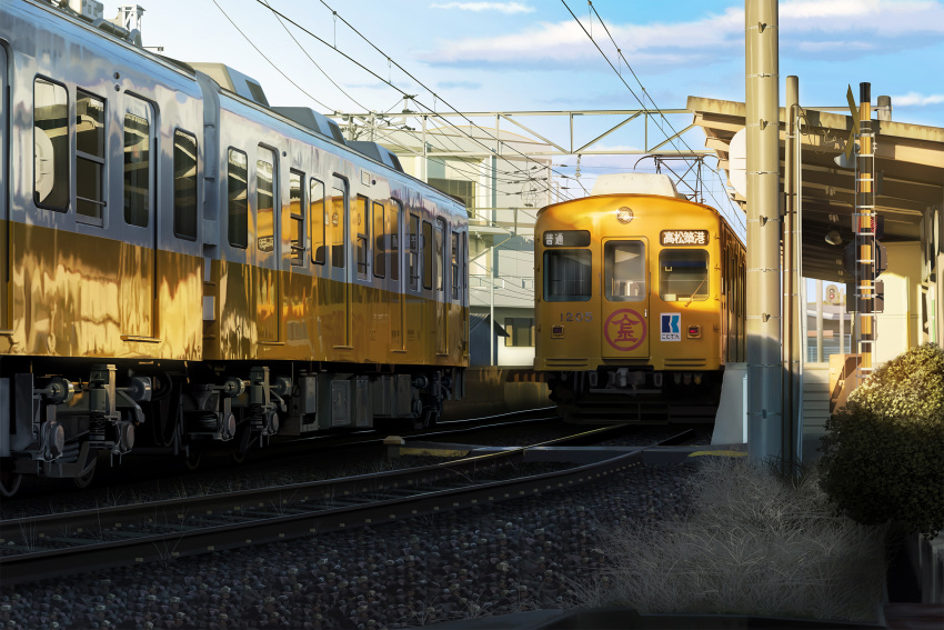 building cable cloud commentary_request day ground_vehicle hankachi_(okayama012) highres hiragana kanji no_humans original railroad_tracks reflection scenery shade sky speaker sunlight train train_station train_station_platform