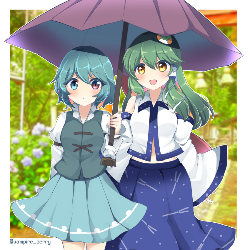 2girls bangs blue_eyes blue_hair blue_skirt blue_vest blush breasts commentary_request cowboy_shot detached_sleeves eyebrows_visible_through_hair frog_hair_ornament green_hair hair_ornament hair_tubes heterochromia highres holding holding_umbrella kochiya_sanae long_sleeves medium_breasts multiple_girls ougi_hina purple_umbrella red_eyes shared_umbrella shirt skirt tatara_kogasa touhou twitter_username umbrella vest white_shirt wide_sleeves yellow_eyes