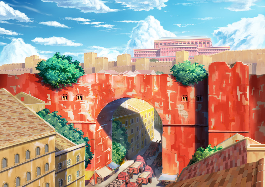 animal barrel blue_sky building castle city cityscape cloud commentary_request day fantasy hankachi_(okayama012) highres horse no_humans original path plant scenery shade sky sunlight tree wagon wall window