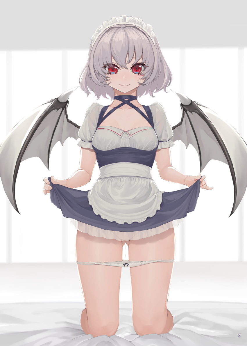 1girl absurdres alternate_costume apron ass_visible_through_thighs blue_dress blush breasts clothes_lift commentary_request cover demon_wings dress dress_lift enmaided frilled_dress frills highres indoors lifted_by_self looking_at_viewer maid maid_headdress red_eyes remilia_scarlet see-through short_hair silver_hair skirt skirt_lift slit_pupils small_breasts smile solo sudako_(dai011305) thighs touhou waist_apron white_apron wings
