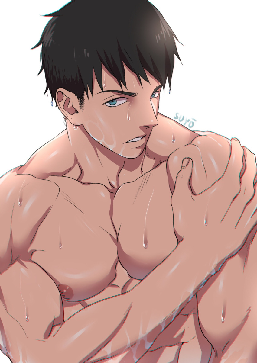 1boy artist_name bangs bara black_hair blue_eyes free! hand_on_own_arm highres large_pectorals looking_at_viewer male_focus muscular muscular_male nipples pectorals short_hair solo suyohara upper_body wet wet_face wet_hair white_background yamazaki_sousuke