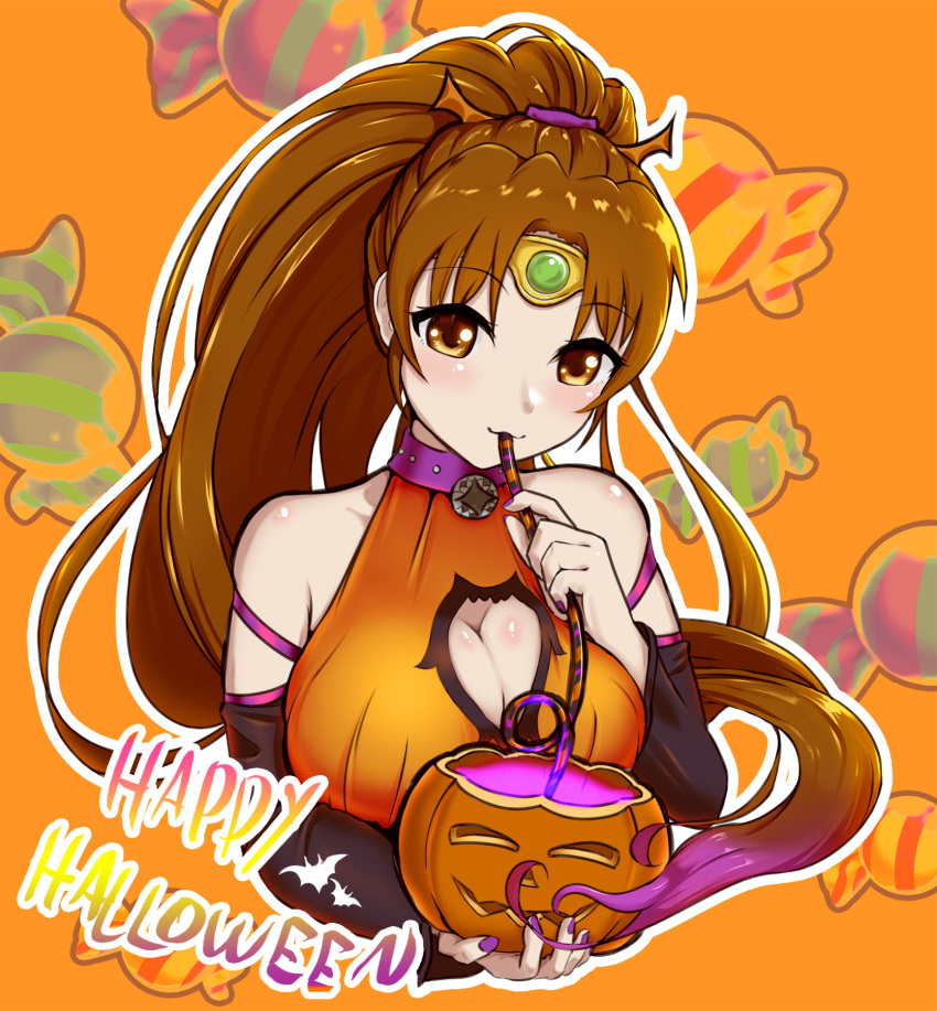 1girl alternate_costume blush breasts brown_eyes brown_hair candy choker circlet cleavage cleavage_cutout clothing_cutout dress drinking_straw drinking_straw_in_mouth fire_emblem fire_emblem:_mystery_of_the_emblem food halloween halloween_bucket halloween_costume highres jack-o'-lantern keldancon linde_(fire_emblem) long_hair nail_polish orange_dress ponytail purple_nails shirt sleeveless sleeveless_dress