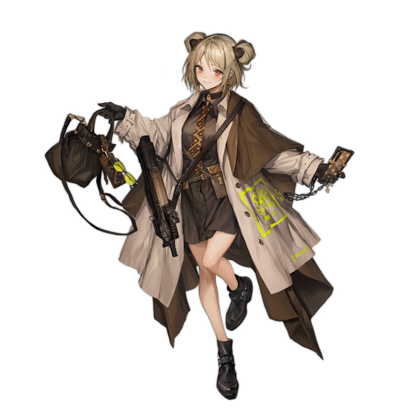 1girl bag bangs belt black_bag black_footwear black_gloves black_shirt blush breasts brown_necktie bullpup cellphone chain closed_mouth coat double_bun earrings eyebrows_visible_through_hair eyewear_removed girls'_frontline gloves grey_coat gun highres holding holding_bag holding_chain holding_phone holding_weapon jewelry light_brown_hair lm7_(op-center) looking_at_viewer medium_breasts medium_hair necktie official_art open_clothes open_coat p90 p90_(girls'_frontline) phone red_eyes shirt smartphone smile solo standing standing_on_one_leg submachine_gun transparent_background weapon