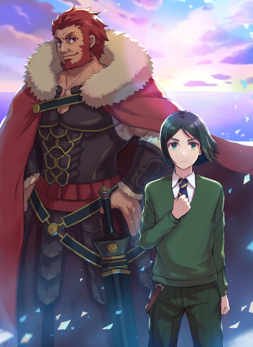 2boys armor beard breastplate cape cleavage_cutout clothing_cutout facial_hair fate/zero fate_(series) feet_out_of_frame fur-trimmed_cape fur_trim green_pants green_shirt hair_slicked_back haruo_(57967) highres iskandar_(fate) large_pectorals leather light_particles looking_at_viewer multiple_boys muscular muscular_male necktie pants pectoral_cleavage pectorals red_eyes red_hair shirt smile striped striped_pants sunrise waver_velvet wind