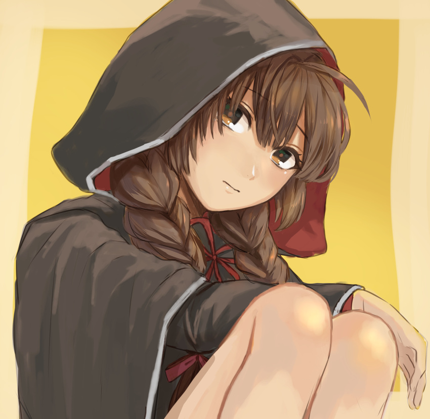 1girl absurdres ahoge bangs black_capelet braid brown_eyes brown_hair capelet closed_mouth hagioshi highres hood hood_up hooded_capelet kantai_collection long_hair long_sleeves looking_at_viewer portrait shinshuu_maru_(kancolle) simple_background sitting solo twin_braids two-tone_background