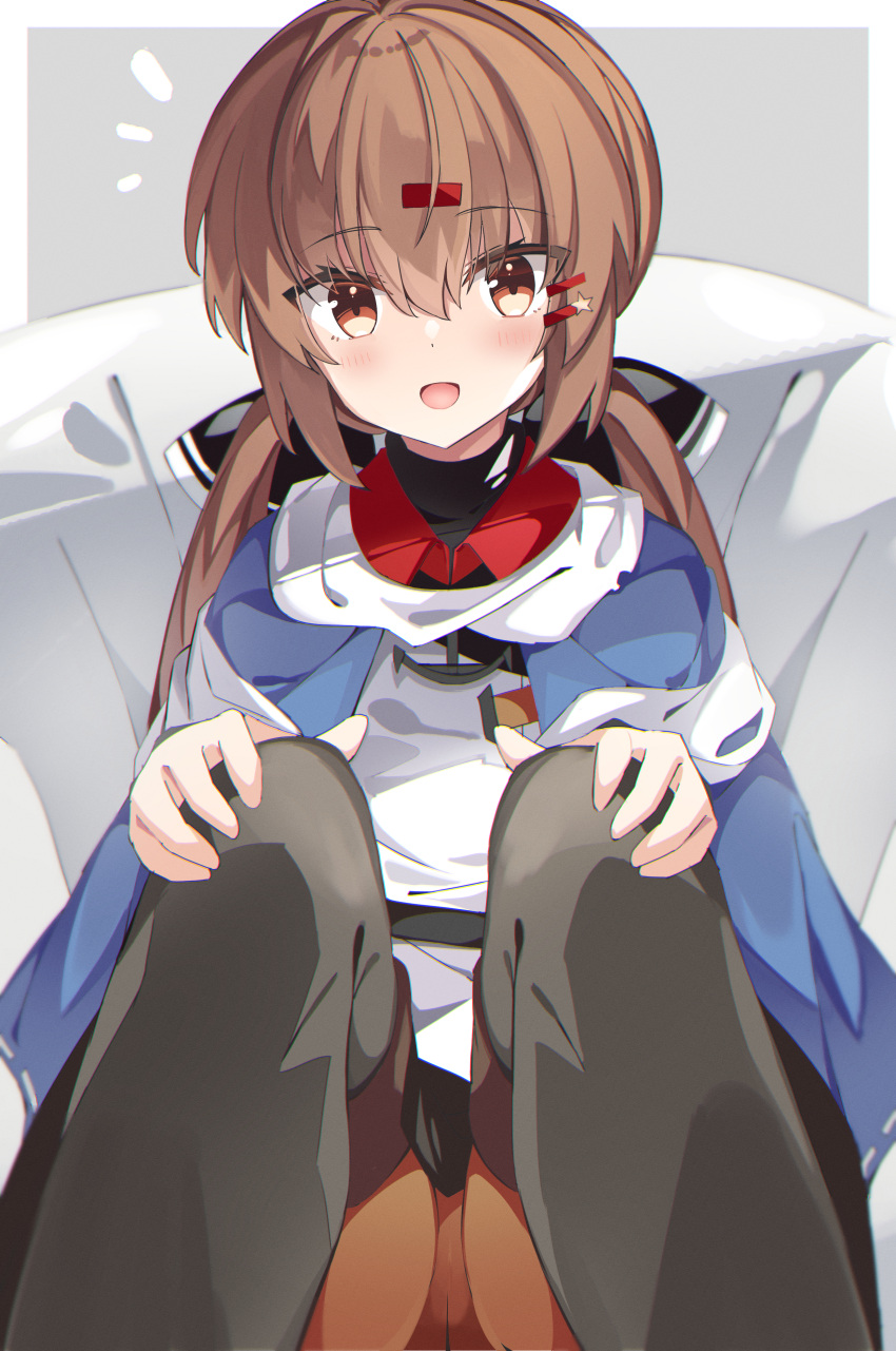 1girl absurdres anchor_necklace black_bow black_footwear blush boots bow brown_eyes brown_hair brown_legwear cameltoe fathom hair_bow hair_ornament hairclip hands_on_own_knees happy highres jacket kantai_collection long_hair looking_at_viewer low_twintails miniskirt open_mouth pantyhose red_shirt ribbon_trim scarf shirt simple_background sitting skirt tashkent_(kancolle) thigh_boots thighhighs twintails white_scarf