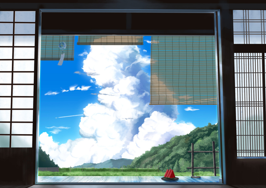 architecture blue_sky cloud cloudy_sky day door east_asian_architecture food forest fruit grass hankachi_(okayama012) highres landscape mosquito_coil mountain nature open_door original plant plate scenery sky summer tree watermelon wooden_floor