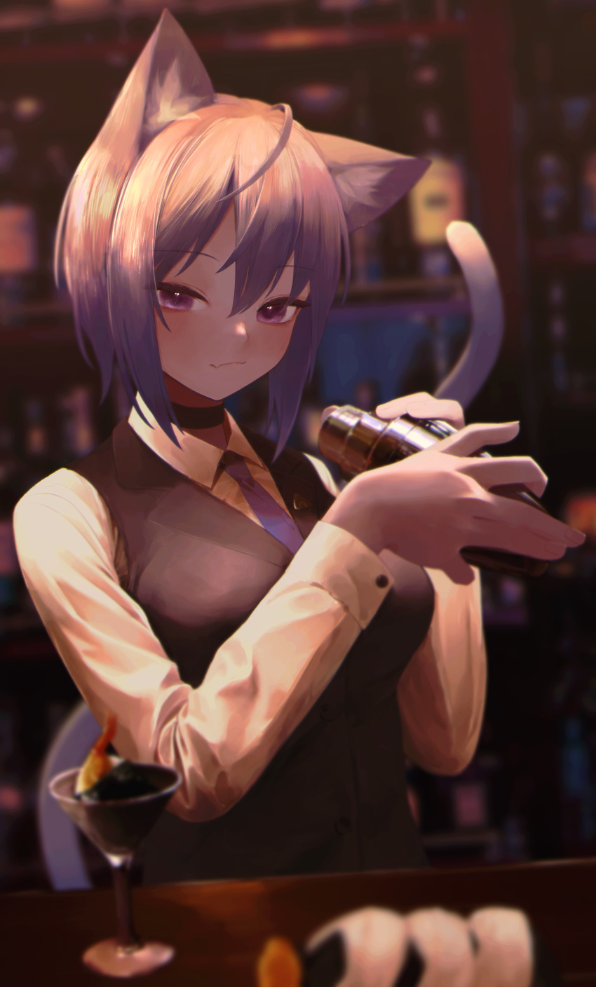1girl absurdres animal_ear_fluff animal_ears bangs black_choker black_vest blurry blurry_background blurry_foreground blush breasts cat_ears cat_girl cat_tail choker closed_mouth cocktail_shaker collared_shirt commentary_request cup depth_of_field drinking_glass eyebrows_visible_through_hair food hair_between_eyes highres holding hololive indoors large_breasts looking_at_viewer nanome_to necktie nekomata_okayu onigiri purple_eyes purple_hair purple_necktie shirt short_hair solo tail tail_raised upper_body vest virtual_youtuber white_shirt