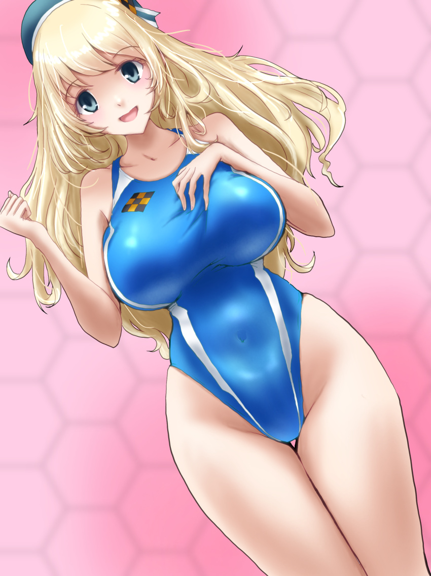 1girl absurdres ankake_hitokaji atago_(kancolle) blonde_hair blue_headwear blue_swimsuit breasts competition_swimsuit covered_navel cowboy_shot dutch_angle green_eyes highres honeycomb_(pattern) honeycomb_background kantai_collection large_breasts long_hair looking_at_viewer one-piece_swimsuit pink_background solo standing swimsuit