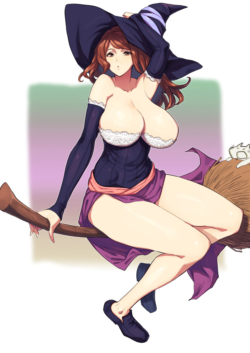 1girl absurdres armpits bare_shoulders breasts broom broom_riding brown_eyes brown_hair detached_sleeves dragon's_crown dress full_body hat highres huge_breasts impossible_clothes looking_away parted_lips solo sorceress_(dragon's_crown) strapless strapless_dress whoosaku witch_hat