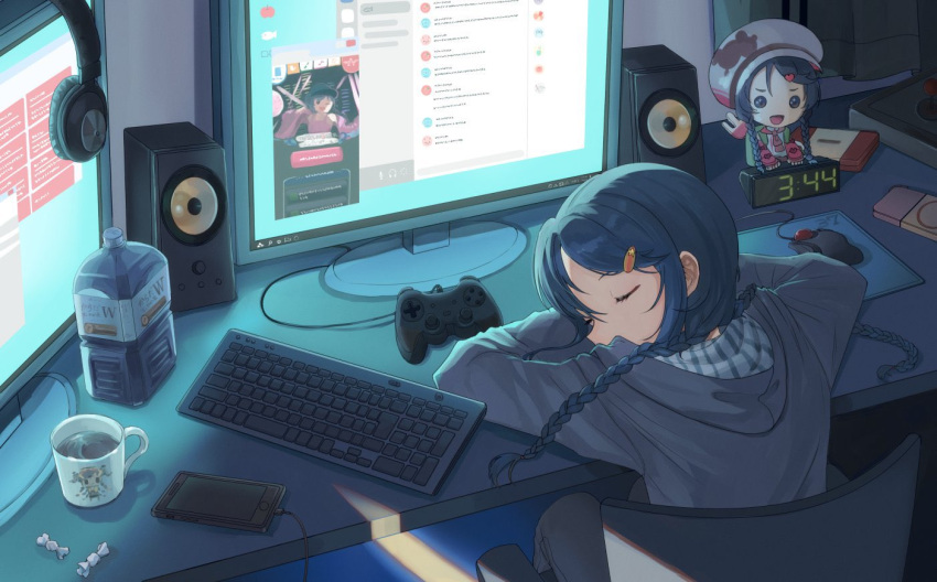 1girl arms_on_table blue_hair bottle braid candy cellphone clock closed_eyes coffee coffee_mug commission controller cup dark_blue_hair discord food game_controller gamepad headphones hood hoodie idolmaster idolmaster_cinderella_girls indoors keyboard_(computer) komoe_(hinagatu) long_hair miyoshi_sana monitor mouse_(computer) mug night on_chair own_hands_together phone screen sitting skeb_commission sleeping smartphone solo speaker twintails watch