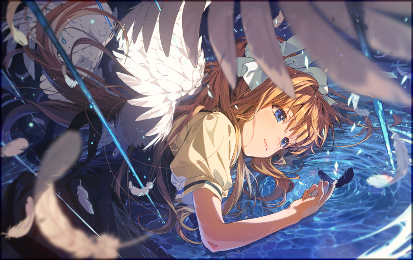 1girl air black_feathers blonde_hair blue_eyes blue_skirt feathered_wings feathers hair_ornament hair_ribbon highres in_water joey_koguma kamio_misuzu key_(company) long_hair lying on_side ponytail rain ribbon shirt skirt smile solo water water_drop white_feathers white_ribbon white_shirt wings