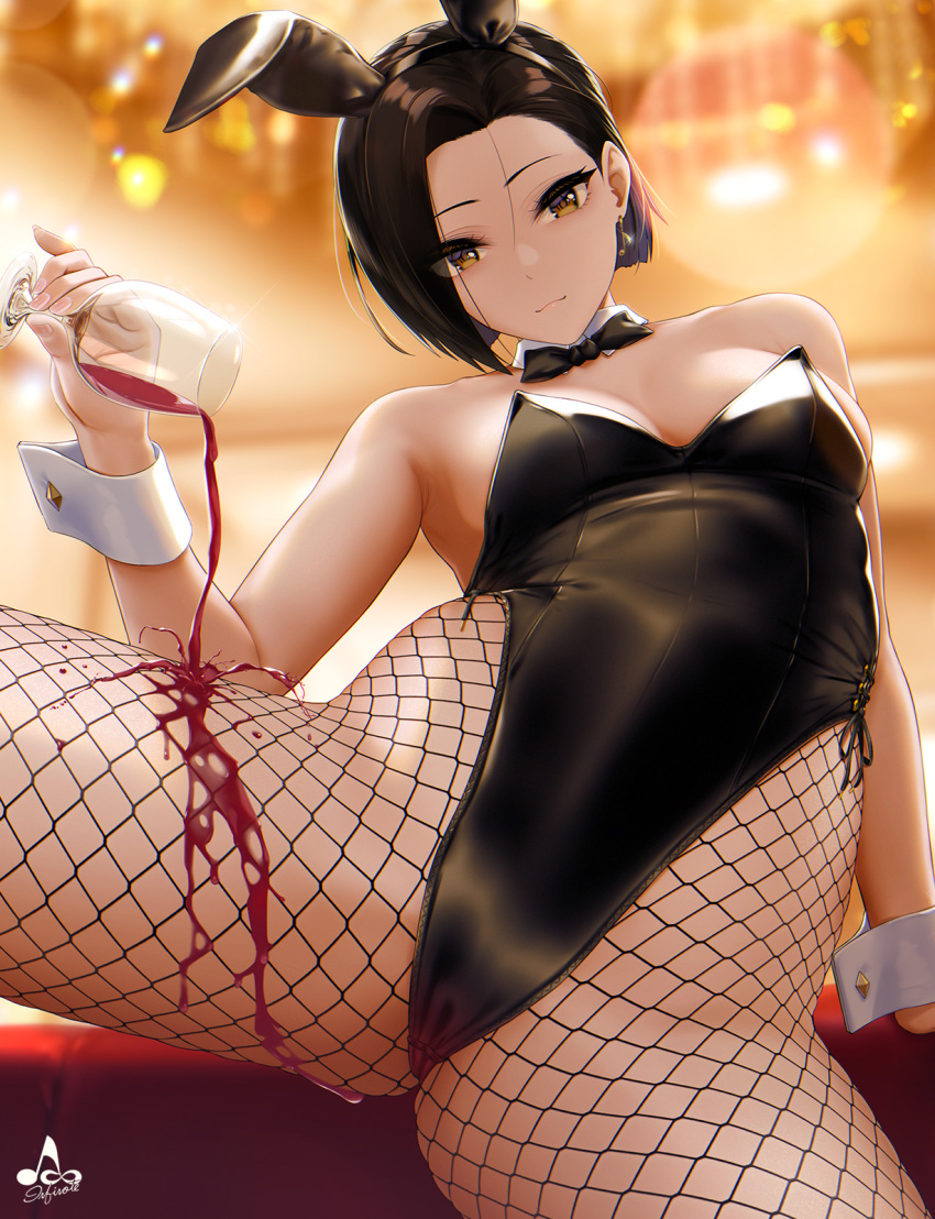 1girl alcohol animal_ears black_hair black_hairband black_legwear black_leotard bow bowtie breasts brown_eyes cleavage closed_mouth cup detached_collar drinking_glass earrings fishnets hairband highleg highleg_leotard highres infinote jewelry large_breasts leotard long_hair looking_at_viewer original playboy_bunny rabbit_ears smile solo spilling thighs wine wine_glass