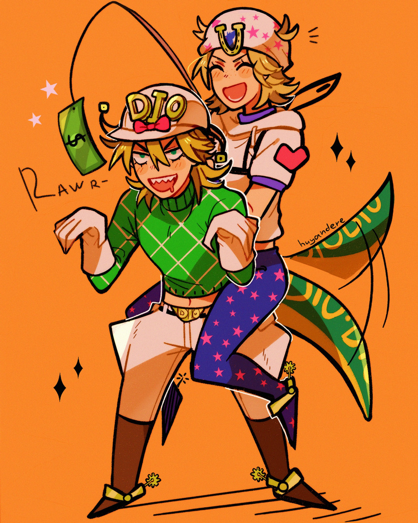 &gt;:) 2boys :d ^_^ absurdres artist_name belt belt_buckle blonde_hair boots brown_footwear buckle carrot_on_stick closed_eyes cowboy_boots diego_brando dinosaur_tail drooling english_commentary film_grain freckles gloves green_eyes green_shirt hair_between_eyes highres holding horseshoe_ornament huyandere jojo_no_kimyou_na_bouken long_sleeves medium_hair midriff money motion_lines multiple_boys navel orange_background riding sharp_teeth shirt short_sleeves simple_background smile sparkle spurs star_(symbol) star_print stick sweater tail tail_wagging teeth turtleneck twitter_username v-shaped_eyebrows white_gloves white_headwear white_shirt