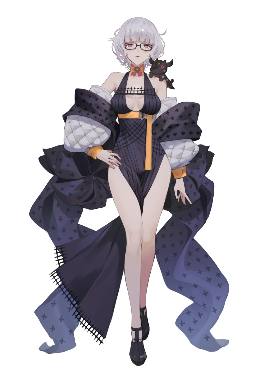 1girl absurdres cropped_jacket dress fate/grand_order fate_(series) full_body glasses grey_hair hana3901 hand_on_hip highres jacques_de_molay_(foreigner)_(fate) lamb looking_at_viewer padded_coat purple_eyes short_dress short_hair solo white_hair yellow_belt