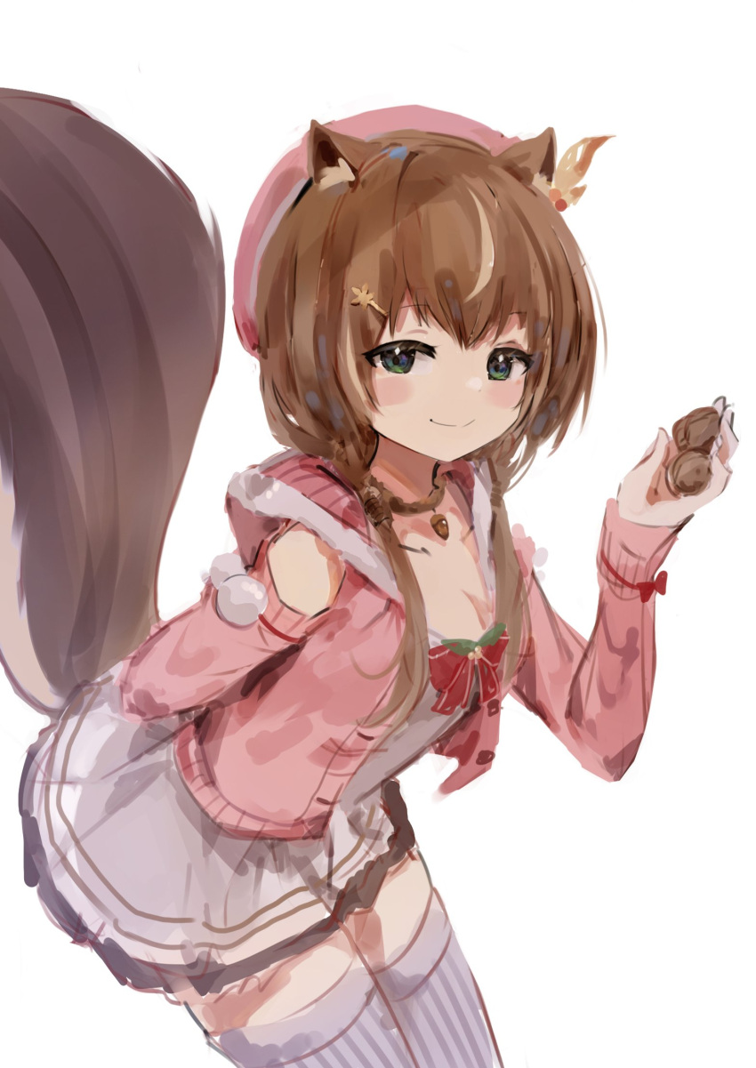 1girl animal_ears ayunda_risu brown_hair closed_mouth english_commentary food green_eyes hair_ornament hairclip highres holding holding_food hololive hololive_indonesia leaning_forward medium_hair nut_(food) orobou simple_background squirrel_ears squirrel_girl squirrel_tail tail thighhighs virtual_youtuber white_background zettai_ryouiki