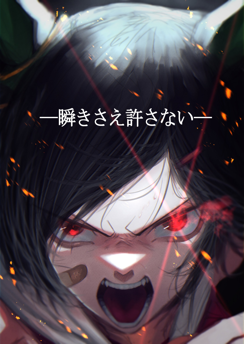 1girl absurdres animal_ears bandaid bandaid_on_cheek black_hair commentary diffraction_spikes ear_ornament fangs glowing glowing_eye hasewo highres hood hooded_jacket horse_ears horse_girl jacket japan_racing_association looking_at_viewer open_mouth red_eyes red_jacket short_hair solo translated umamusume winning_ticket_(umamusume)