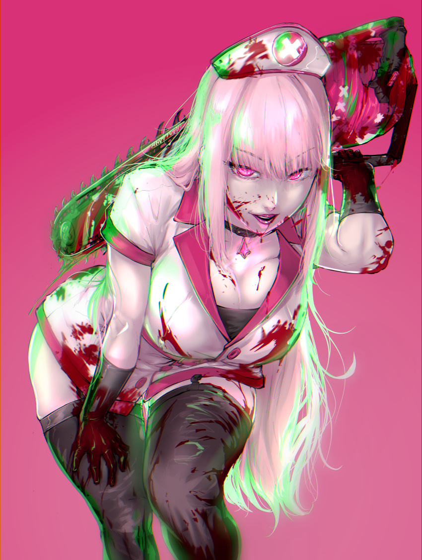 1girl :d absurdres anuttsuii bangs black_gloves black_legwear blood blood_on_clothes blood_on_face breasts chainsaw cleavage gloves hat highres holding holding_chainsaw hololive hololive_english leaning_forward long_hair looking_at_viewer mori_calliope nurse_cap pink_background pink_eyes pink_hair simple_background smile solo teeth thighhighs very_long_hair virtual_youtuber