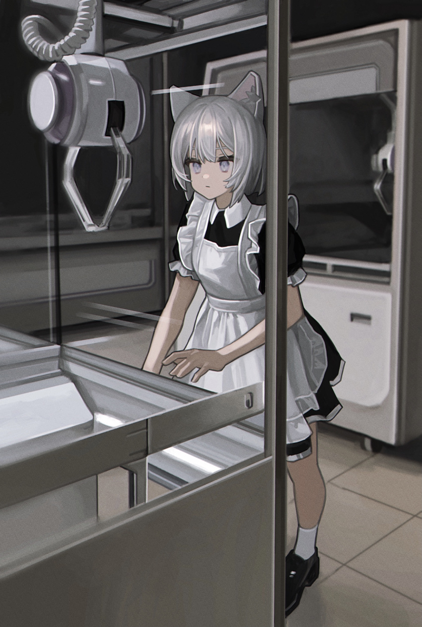 1girl absurdres animal_ears apron arcade black_dress black_footwear blue_eyes cat_ears closed_mouth commentary crane_game dress expressionless full_body highres indoors maid maid_apron original short_hair short_sleeves socks solo standing white_apron white_hair white_legwear zumochi