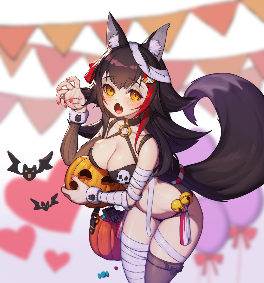 1girl absurdres animal_ear_fluff animal_ears balloon bandaged_arm bandaged_head bandaged_leg bandages bat bell bent_over bikini black_bikini black_hair black_legwear blurry blurry_background blush breasts candy cleavage collarbone decorations detached_sleeves fang food halloween halloween_bucket heart hellk111 highres holding holding_food holding_pumpkin holding_vegetable hololive jack-o'-lantern jingle_bell large_breasts long_hair looking_at_viewer multicolored_hair multiple_straps o-ring o-ring_bikini ookami_mio open_mouth paw_pose pumpkin red_hair red_nails skull_print solo streaked_hair swimsuit tail tassel thighhighs two-tone_legwear vegetable very_long_hair virtual_youtuber wolf_ears wolf_girl wolf_tail yellow_eyes