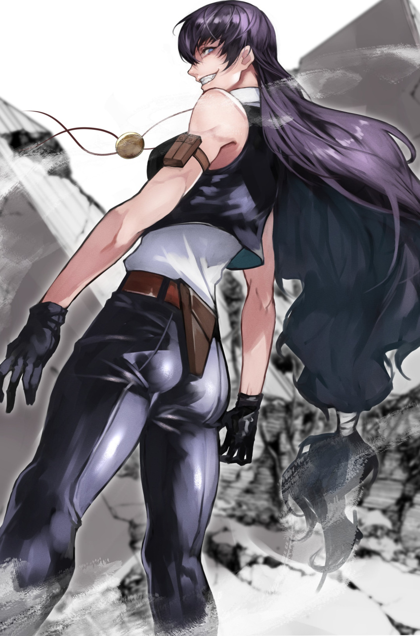 1girl absurdres ass back bare_shoulders belt black_gloves black_lagoon blue_eyes commentary_request gloves grin highres holster long_hair purple_hair roberta_(black_lagoon) sleeveless smile solo teeth very_long_hair yoshio_(55level)