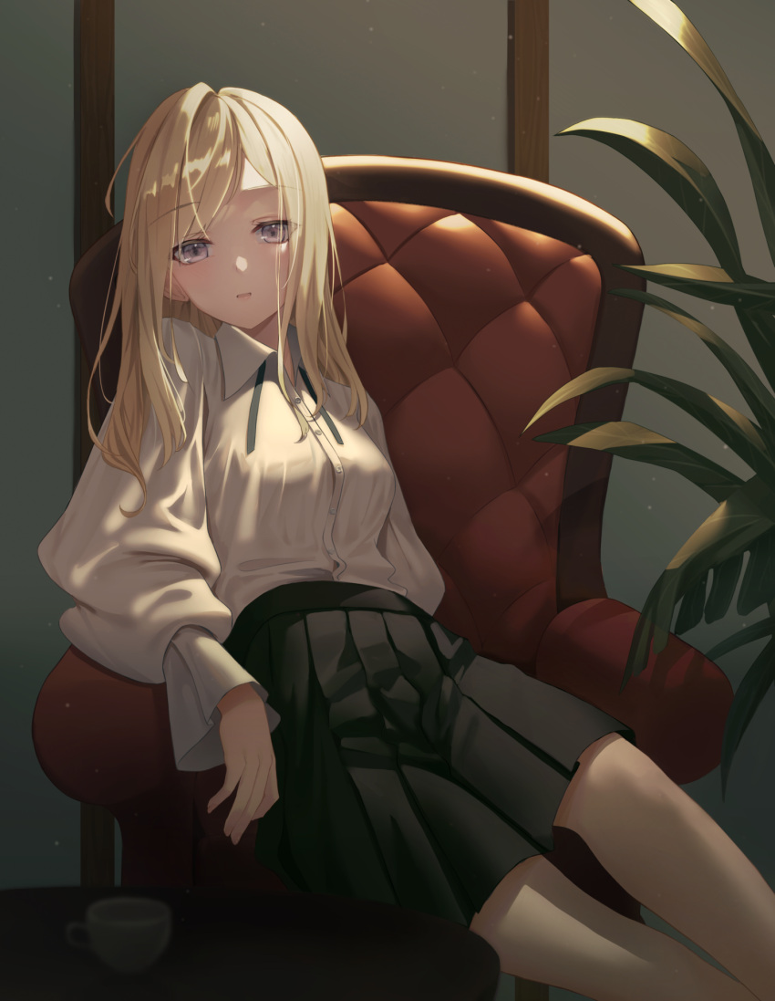 1girl arm_support armchair bangs black_skirt blonde_hair blush breasts chair coffee_table cup dress_shirt easy_chair eyebrows_visible_through_hair highres indoors leaning_to_the_side light_particles long_hair looking_at_viewer original parted_bangs parted_lips plant pleated_skirt purple_eyes school_uniform shands shirt sitting skirt small_breasts solo teacup white_shirt wide_sleeves