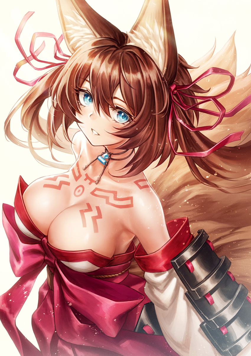 1girl animal_ears armor bangs bare_shoulders blue_eyes blush bow brown_hair caleen_keemosn collarbone cowboy_shot detached_sleeves eyebrows_visible_through_hair fox_ears fox_girl fox_tail hair_between_eyes hair_ribbon highres japanese_clothes jewelry large_bow long_hair long_sleeves looking_at_viewer necklace oyu_udon parted_lips pink_bow red_ribbon ribbon simple_background smile solo star_ocean star_ocean_anamnesis strapless tail tattoo two_side_up upper_body white_background
