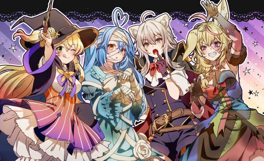 4girls ;q ahoge animal_ear_fluff animal_ears bandaged_hand bandages bangs belt black_gloves black_headwear black_jacket black_shorts blonde_hair blue_dress blue_hair bow bowtie braid breasts brown_belt cape commentary_request cowboy_shot detached_sleeves dress eyebrows_visible_through_hair fang fox_ears frilled_sleeves frills gloves gradient_hair gradient_skirt green_eyes grey_eyes grey_gloves grin hair_between_eyes hat heart heart-shaped_pupils heart_ahoge highres holding holding_wand hololive jacket lion_ears long_hair looking_at_viewer medium_breasts momosuzu_nene multicolored_clothes multicolored_dress multicolored_hair multiple_girls nepolabo omaru_polka one_eye_closed open_mouth parted_lips patchwork_clothes patchwork_skin pointy_ears red_bow red_bowtie red_eyes shirt shishiro_botan short_sleeves shorts silver_hair smile standing streaked_hair sushida_hayari symbol-shaped_pupils tongue tongue_out torn_clothes torn_gloves virtual_youtuber wand white_shirt wide_sleeves witch_hat yellow_eyes yukihana_lamy