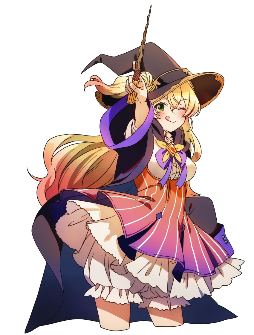 1girl ;q absurdres bangs black_cloak black_headwear blonde_hair bloomers bow bowtie breasts cloak commentary_request cowboy_shot cropped_legs eyebrows_visible_through_hair gradient_hair gradient_skirt green_eyes hair_between_eyes hair_through_headwear hat highres holding holding_wand hololive long_hair long_sleeves looking_at_viewer medium_breasts momosuzu_nene multicolored_hair one_eye_closed purple_bow purple_bowtie red_hair shirt simple_background solo sushida_hayari tongue tongue_out underwear virtual_youtuber wand white_background white_bloomers white_shirt witch_hat